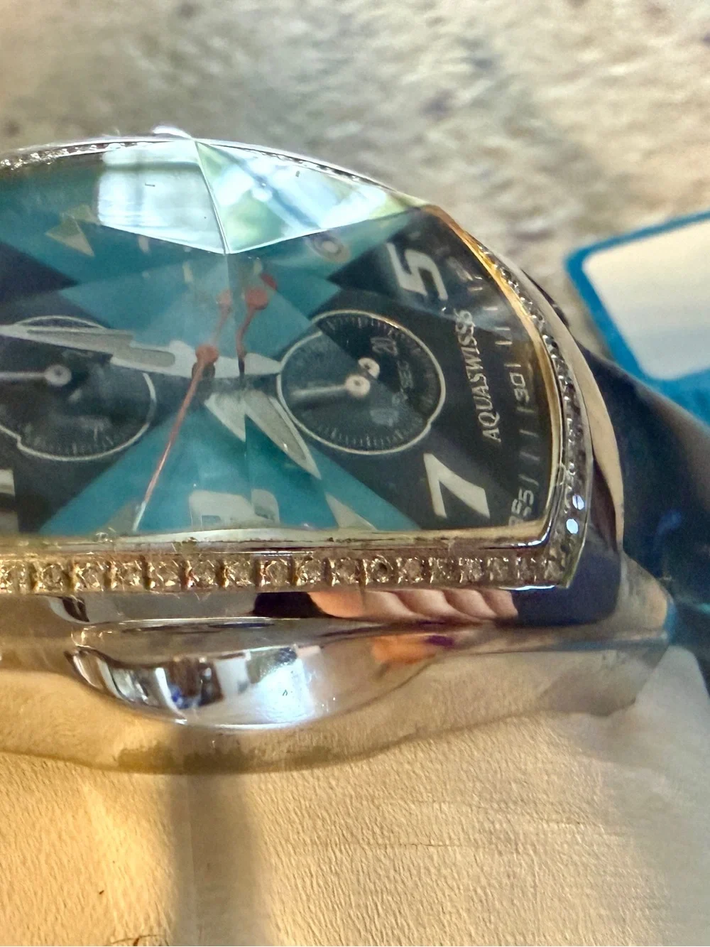 AquaSwiss Ice Prism Crystal Diamond Blue & Black Chrono Date Watch Leather Band